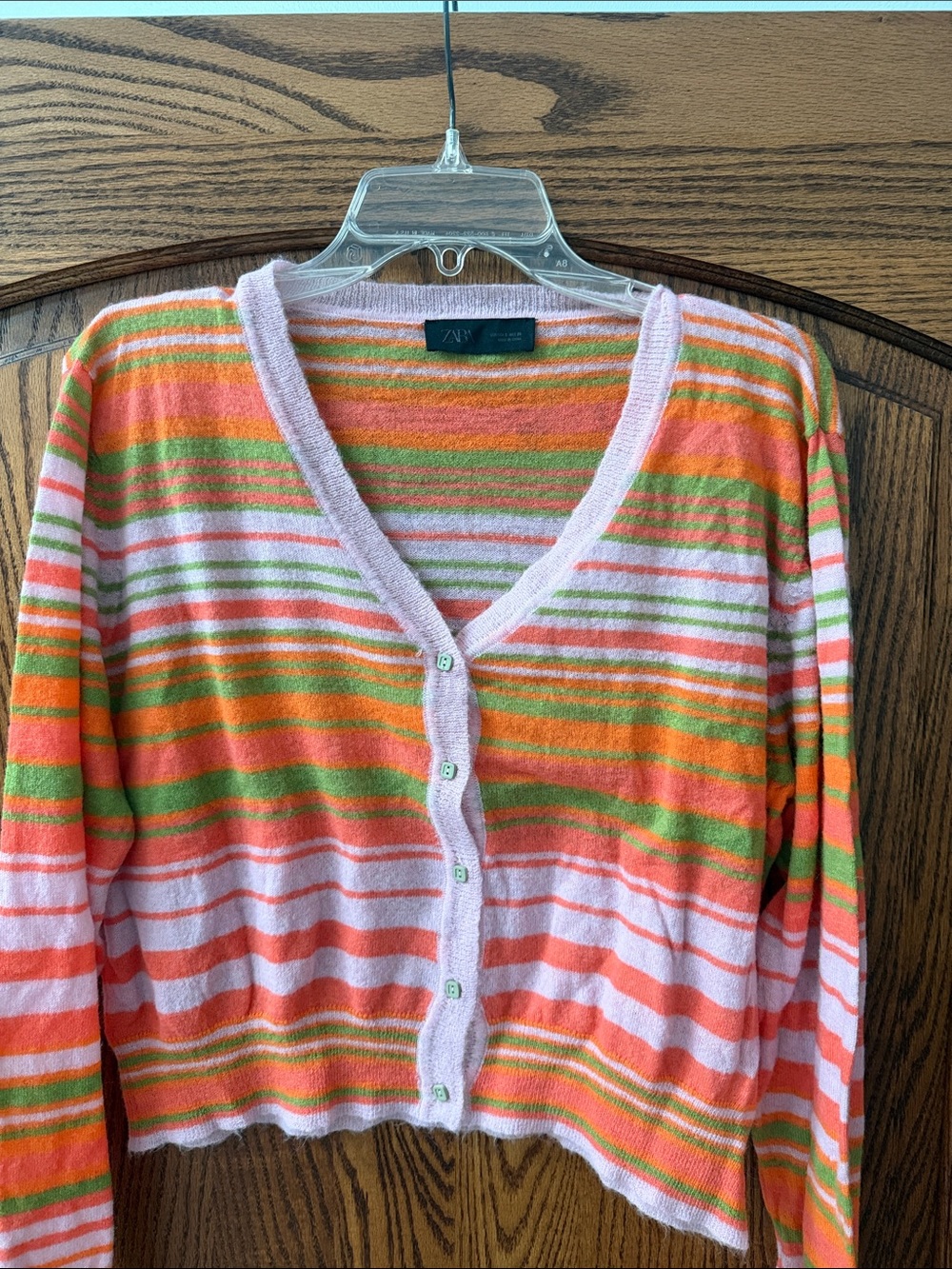 Zara Pink, Orange & Green Striped V-Neck Button Cardigan